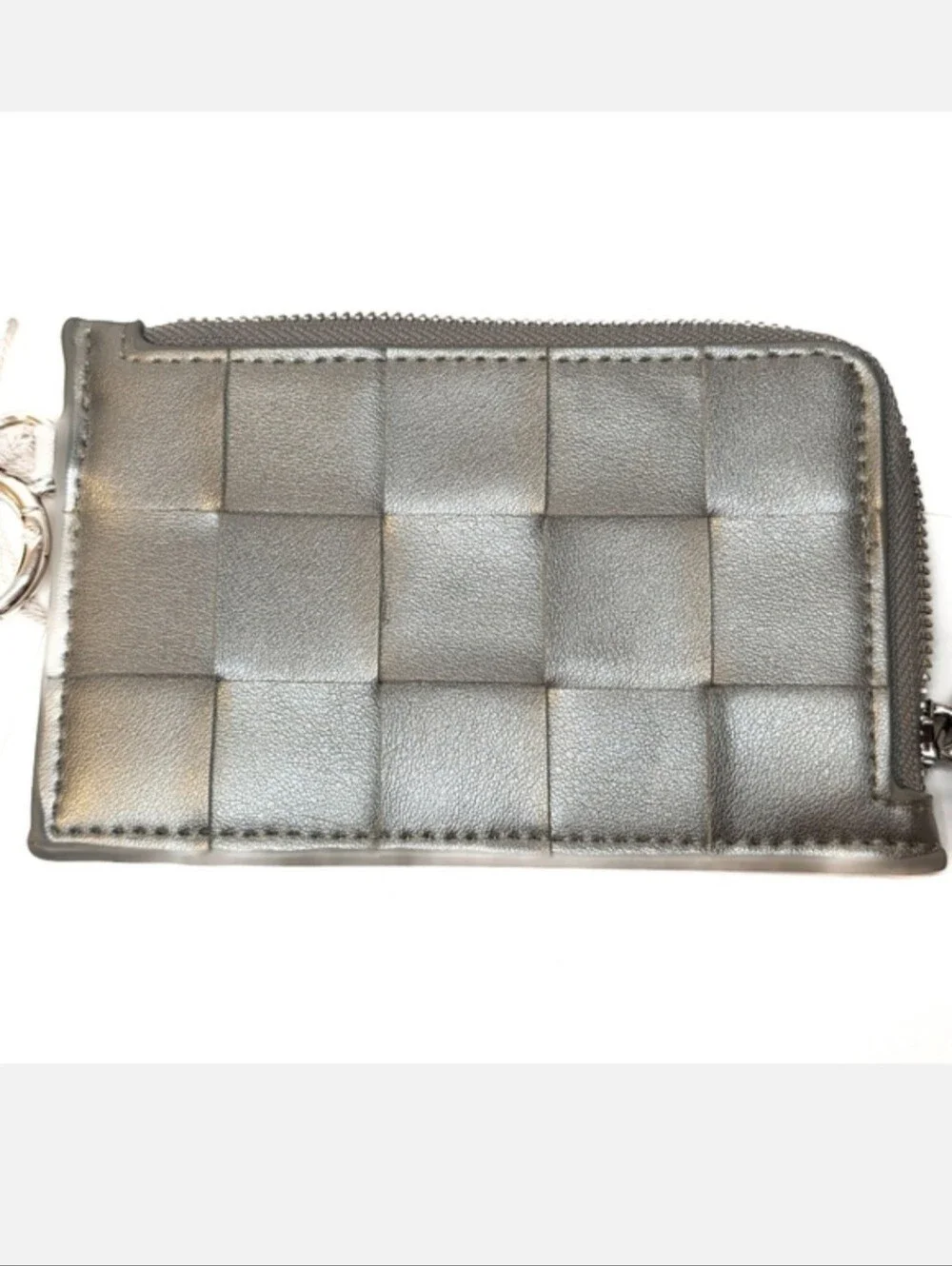 Small Card Case Silver Faux Leather Woven Panel Coin Pouch Keychain Mini Wallet